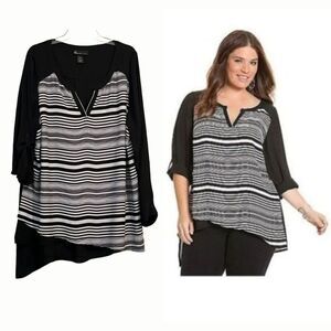 Lane Bryant Womens Blouse Asymmetrical Black White Roll Tab Sleeves (22-24)